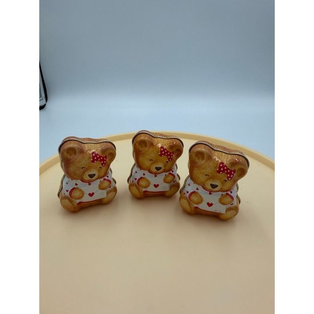3 Vintage Hallmark Valentine's Bear Holiday Trinket Box Tins Very good cond.2.5"